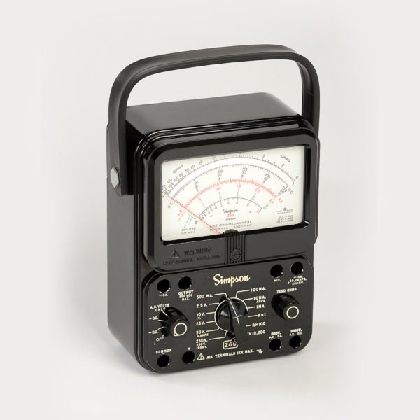 Figure 2 — The current-production Simpson 260-8 — still manufactured today, same 20,000 Ω/V / 50 µA architecture
as Jeff's Series 8. Note this unit is black, not the red case sometimes shown in Simpson's own …